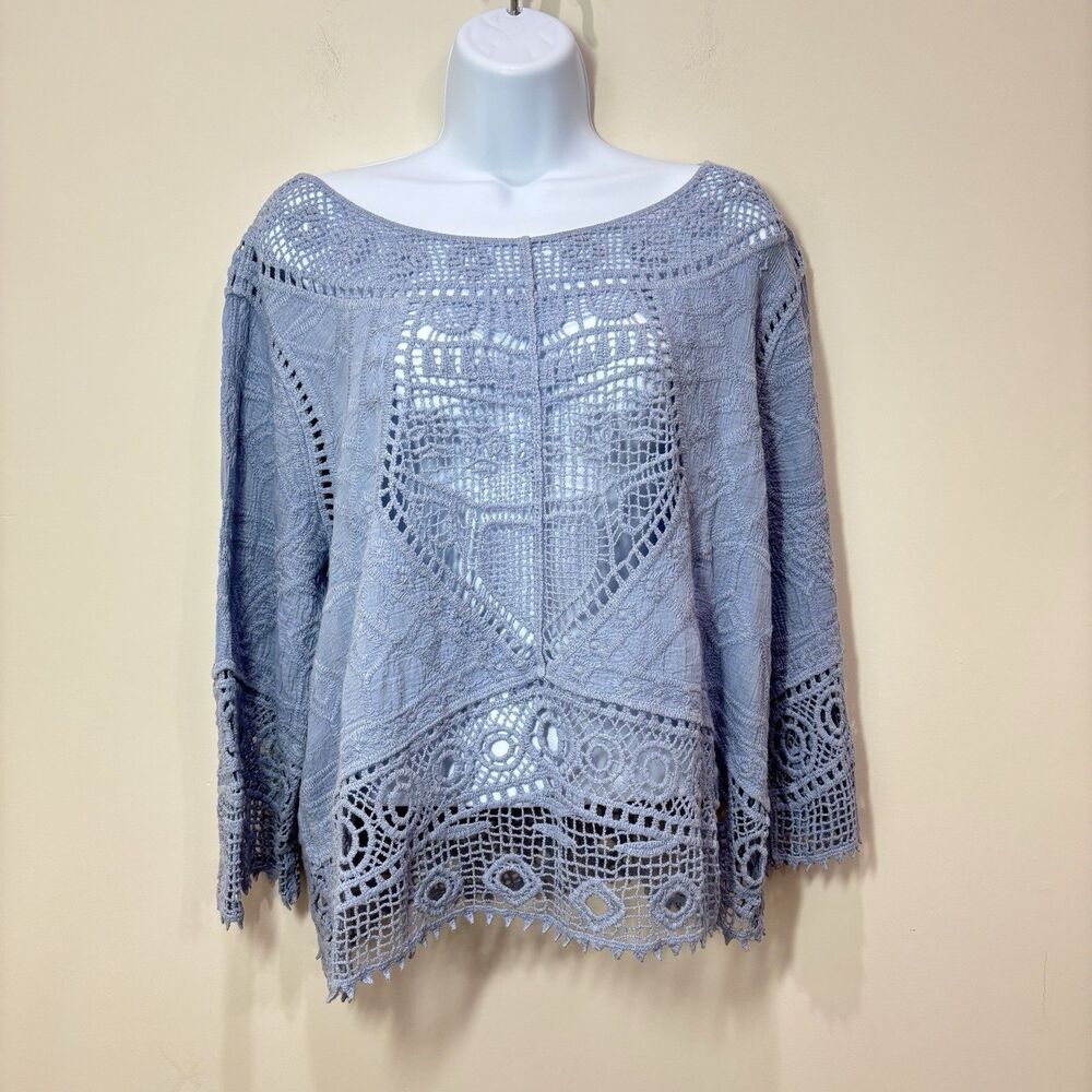 Ultra Pink Crochet Lace Top XL Blue Cotton Sheer Festival Boho Cottage Hippie